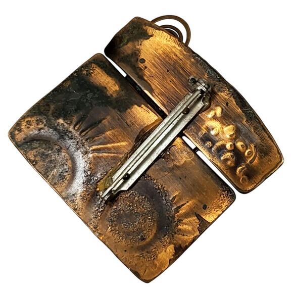 Vtg Copper Pin Brooch Textured Metalwork Sun Face Cork Center Abstract Modernist - Picture 2 of 3